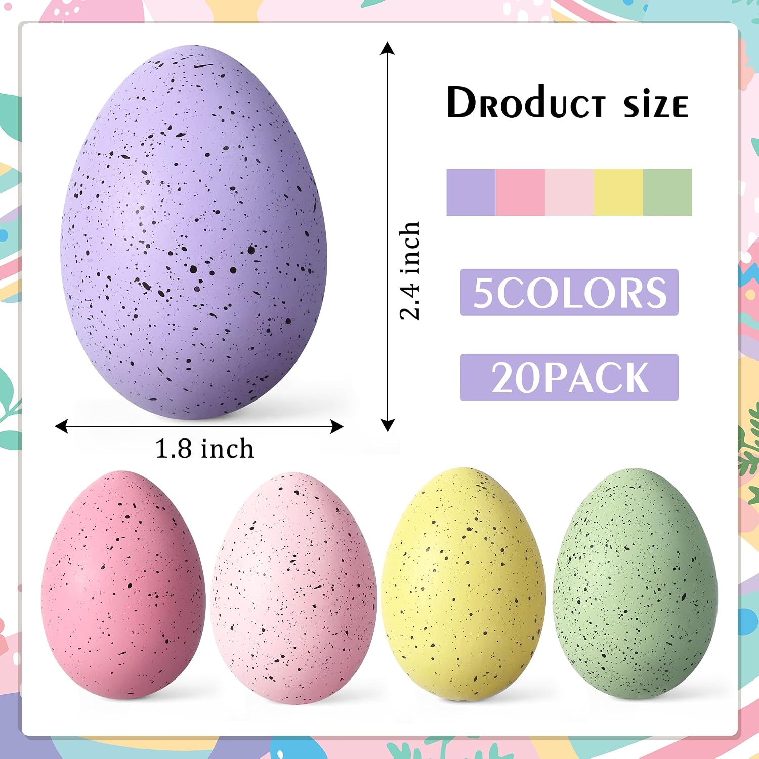 Waipfaru 20 Pcs Easter Eggs, 2.4'' Plastic Speckled Easter Eggs and Vase Filler, Pastel Easter Eggs for DIY Spring Farmhouse Home Table Easter Decorations (Purple, Pink, Yellow, Green)
