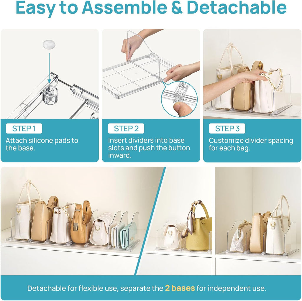Vtopmart Free-Adjustable Purse Organizer for Closet with 2 Base, Clear Handbags Storage Organizer, Fits Different Bag Sizes & Closet Shelf, Expandable Plastic Shelf Dividers for Handbags, Wallets