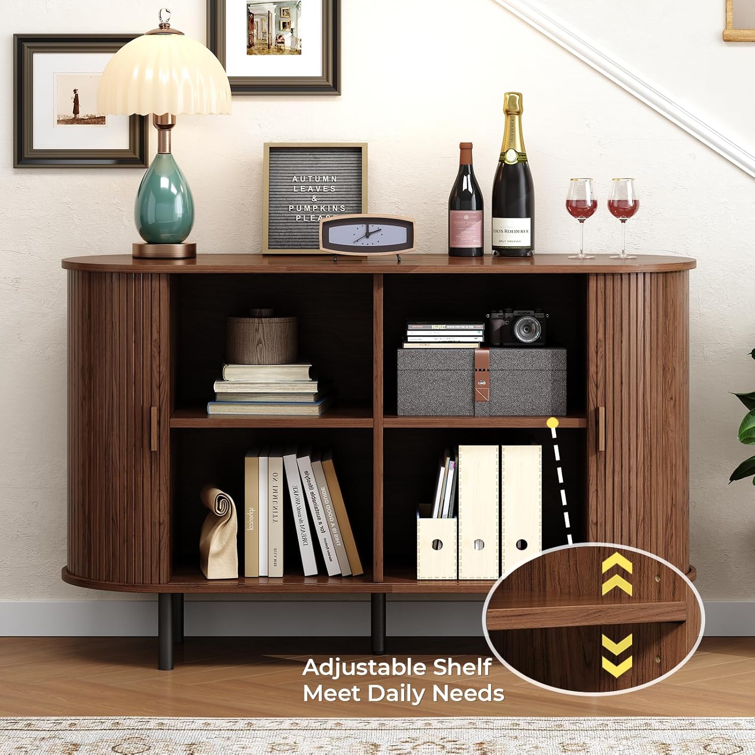 Buffet Cabinet with Storage, Fluted Sideboard Buffet with Sliding Door, Coffee Bar Cabinet with Adjustable Shelf, Console Table, Accent Table for Entryway, Kitchen (Walnut, 48 Inch)