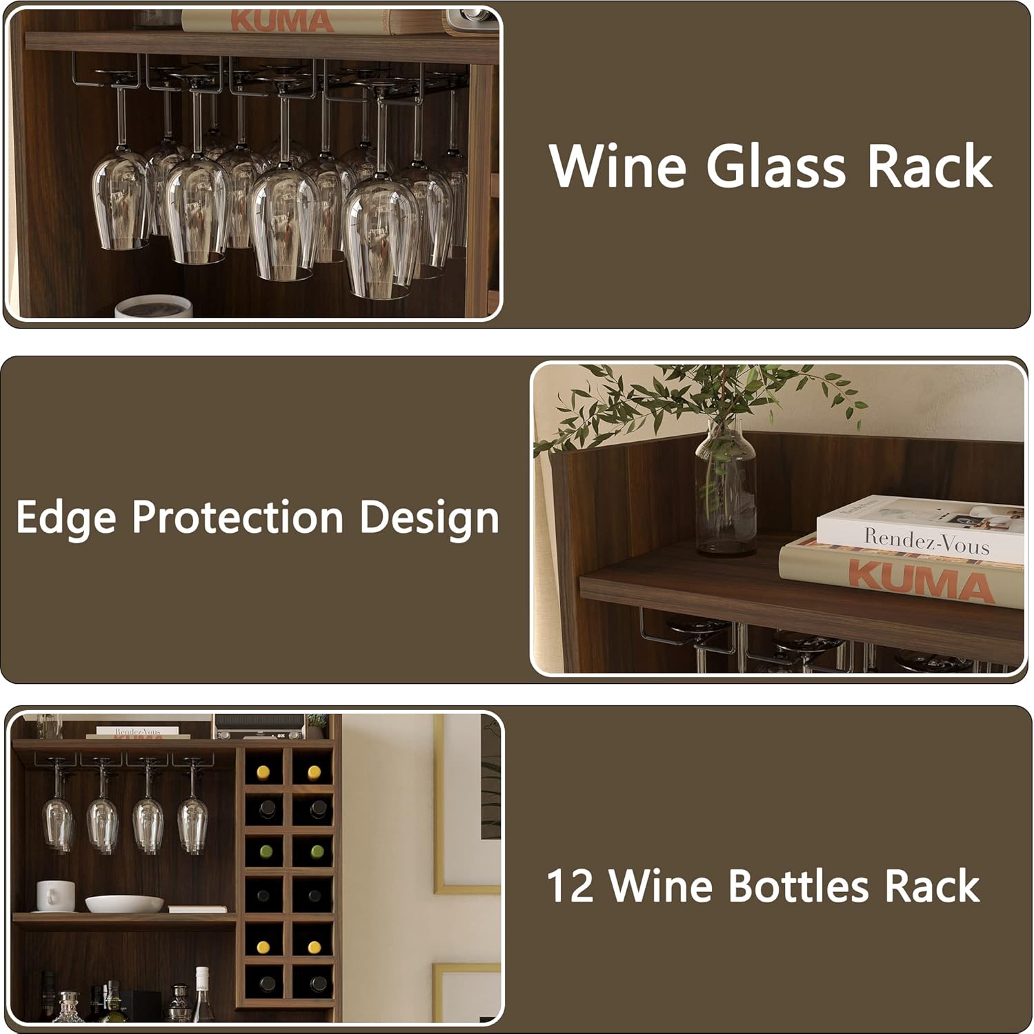 Wine Cabinet with 12 Wine Bottle Racks, 70'' Wine Bar Cabinet Bar Cabinet Tall with Storage, Modern WoodenTall Liquor Cabinet with Glass Holder for Home, Brown