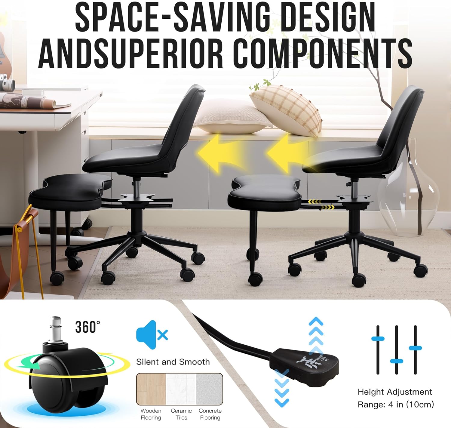 Ergonomic Cross-Legged Lounge Chair – High Lumbar Support, Adjustable Height, 360° Swivel, Wide Criss Cross Seat, Smooth Wheels – Ideal for Meditation, Yoga, ADHD – PU Leather, Black
