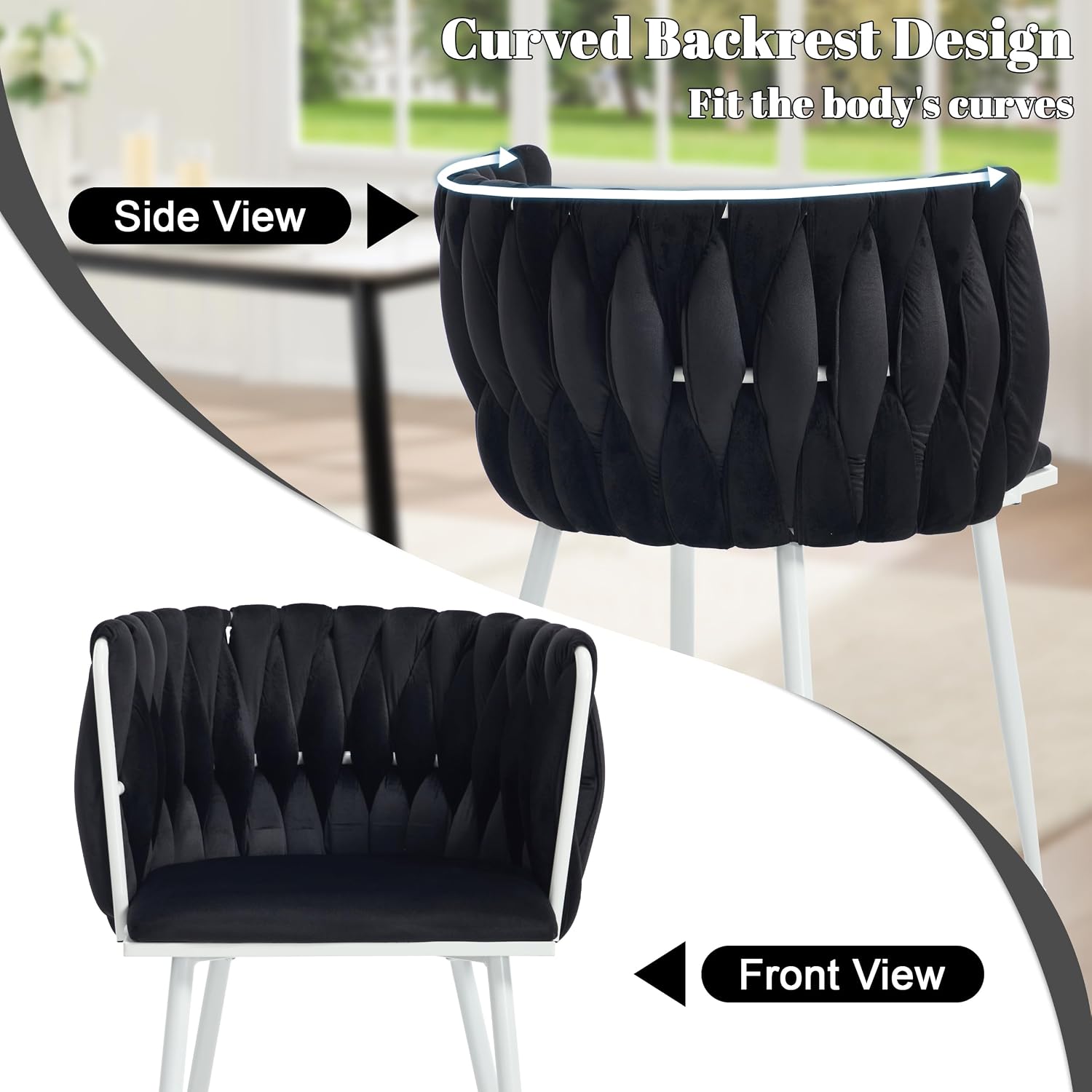 Velvet Dining Chairs Set of 4, Woven Upholstered Side Chairs with White Metal Legs, Modern Accent Chairs Kitchen & Dining Room Chair for Bedroom Living Room (Black + White Legs, Set of 4)