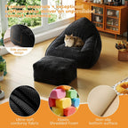 Cloud Large Bean Bag Chair with Ottoman, Corduroy Fabric+35D Memory Foam Big Beanbag Chair for Adults,Lounger Chairs Sofa Boneless Puff Chair for Living Room (Beige) (Black, Clouds)