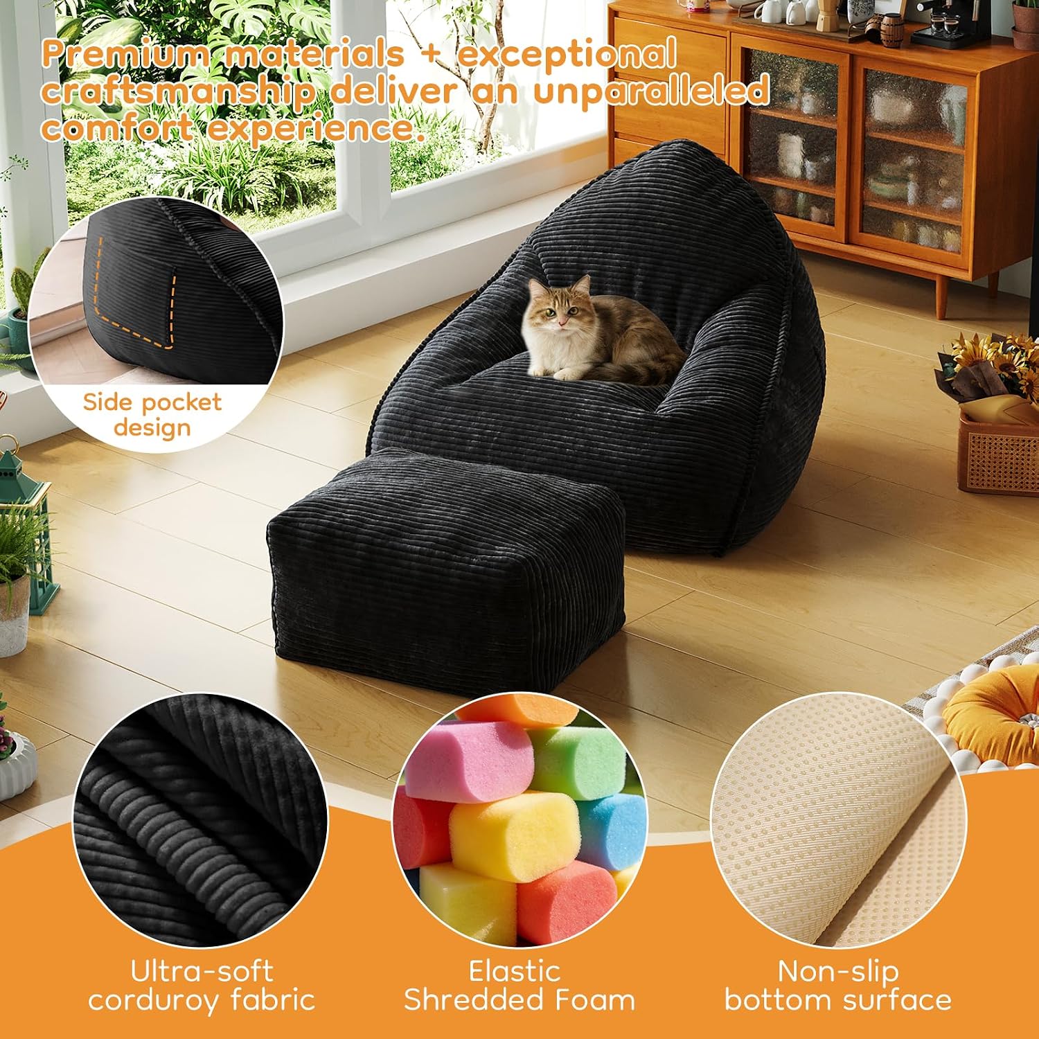 Cloud Large Bean Bag Chair with Ottoman, Corduroy Fabric+35D Memory Foam Big Beanbag Chair for Adults,Lounger Chairs Sofa Boneless Puff Chair for Living Room (Beige) (Black, Clouds)