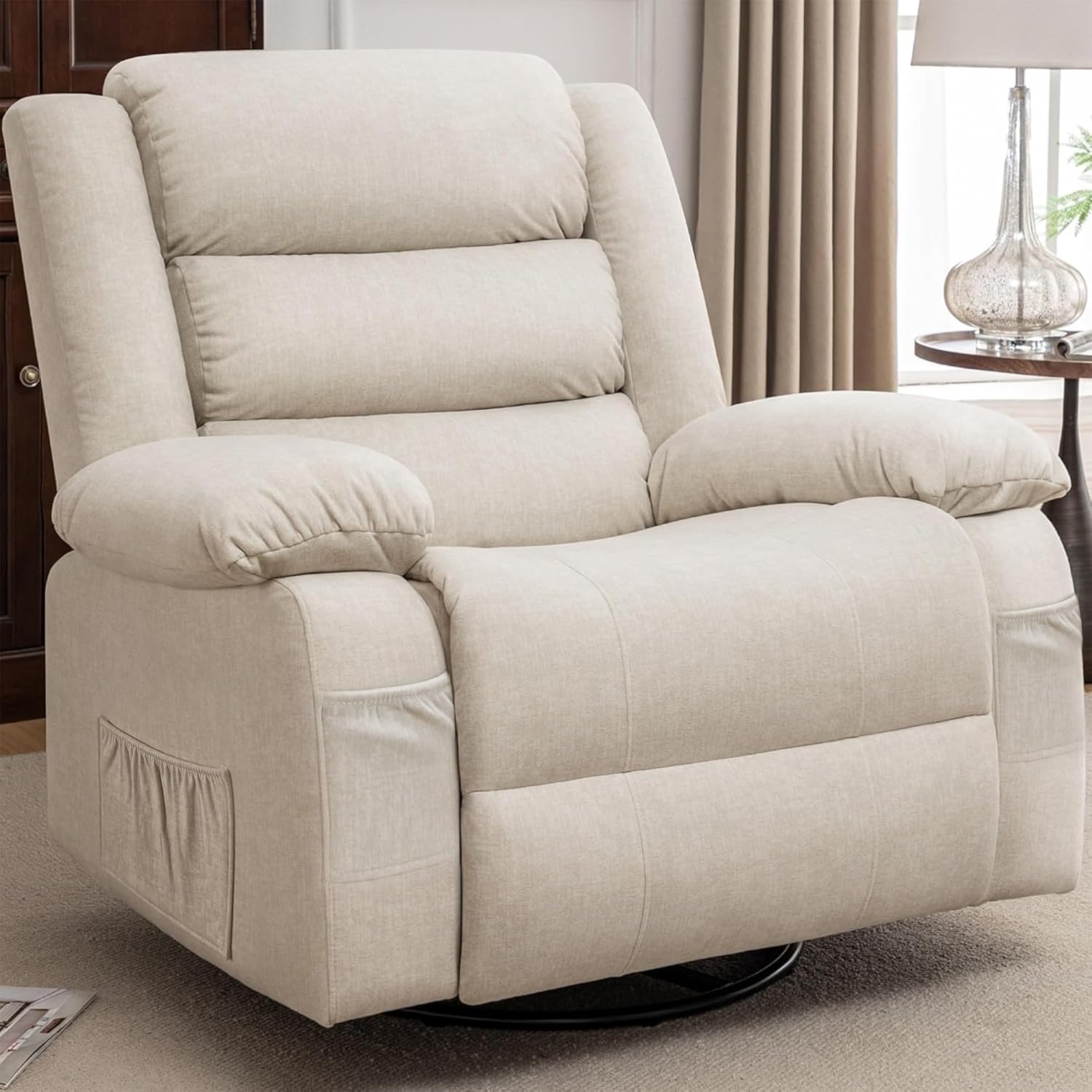 Korser Oversized Recliner Chair, Extra Wide Rocking Chair with Massage and Heat, 360° Swivel Rocker Recliner for Adults, Nursery Chair with Side Pocket, Cashmere Reclining Sofa for Living Room, Beige