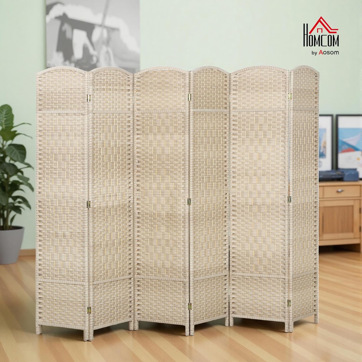 HOMCOM Room Divider, 6 Ft 6 Panel Folding Privacy Screen, Hand-Woven PP Wall Partition with Pine Wood Frame, Freestanding Room Separator for Bedroom, Home Office, No Assembly, Washed Oak