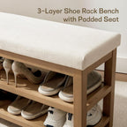 Zihanhome 2 Tier Shoe Rack Bench with Cushion, Solid Wood Shoe Benches, Mid-Century Modern Shoe Storage Bench for Entryway, Hallway, Living Room, Closet, Front Door Entrance, (Beige, 31.5")