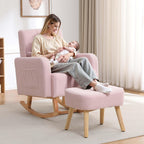 HCHAIRH Rocking Chair with Ottoman, Upholstered Glider Rocker Armchair with High Backrest and Side Pocket, Comfy Reading Chair with Solid Wood Legs for Nursery, Living Room,Bedroom, Pink