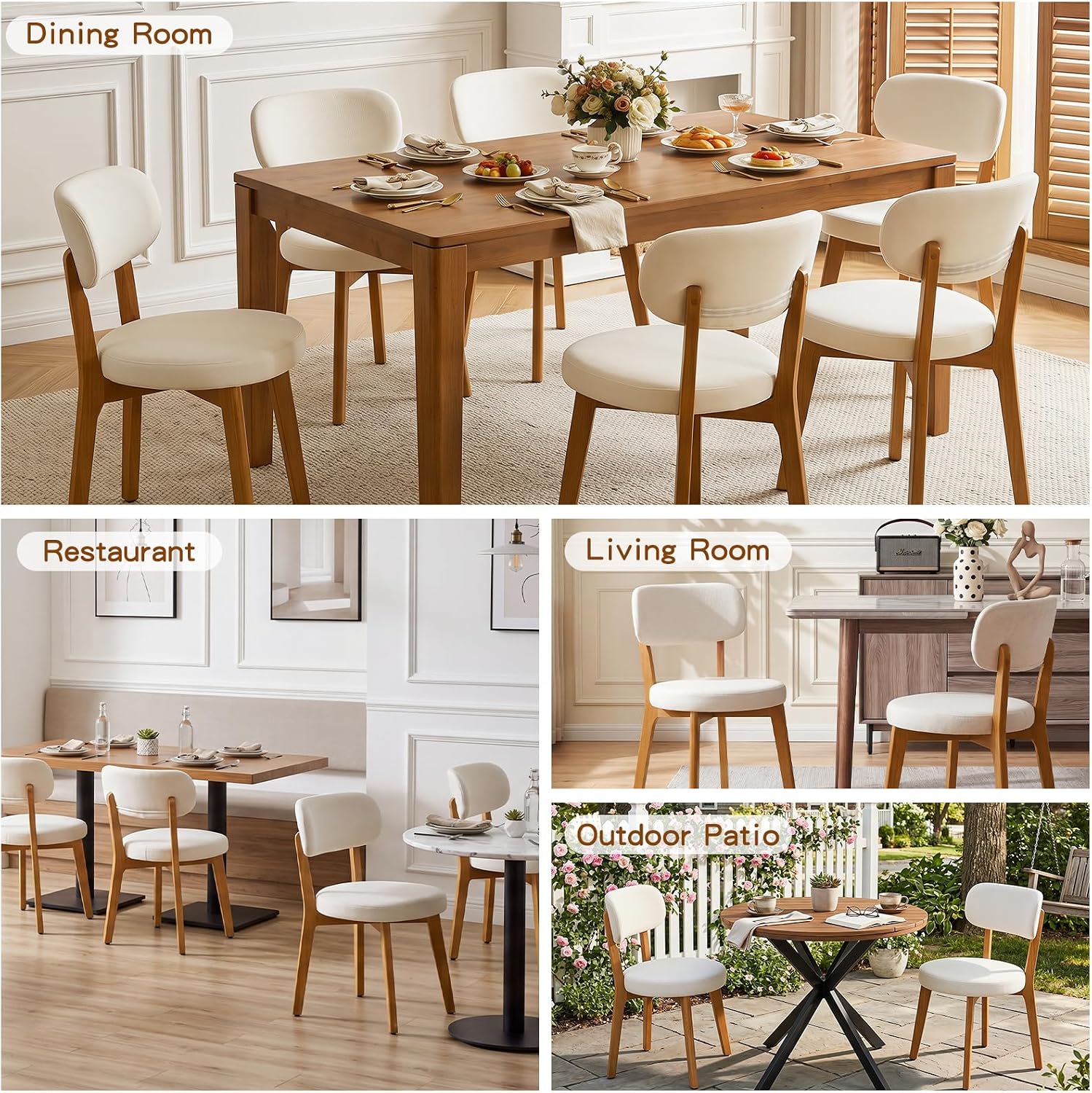Furniliving Mid Century Modern Dining Chairs Set of 6, 300 lbs Capacity Upholstered Linen Kitchen Chairs with Solid Natural Wood Frame and Ergonomic Curved Back, Beige