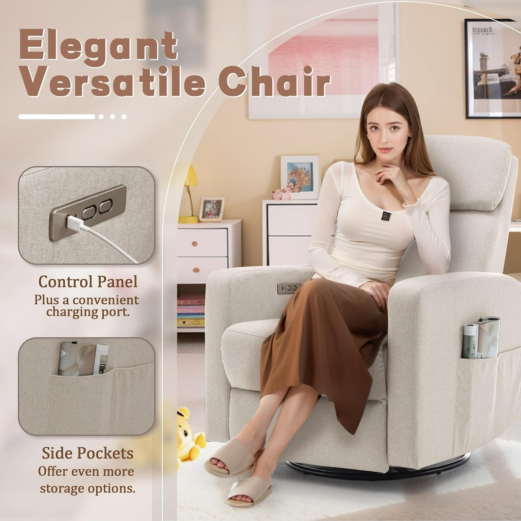 Korser Power Swivel Recliner Chairs for Adults, Electric Glider Rocking Chair Nursery, Glider Recliner Nursery Chair with Classified Side Pocket, Nursery Rocking Chairs with USB and Type-C Ports