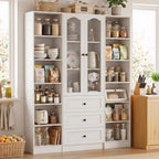 Cyclysio 3-Piece 80" Tall Pantry Cabinet Set, Large Kitchen Storage Cabinet with Arched Glass Doors and 3 Drawers, 6-Tier Open Shelving Unit with Baseboard Cutout for Flush-to-Wall Fit, White