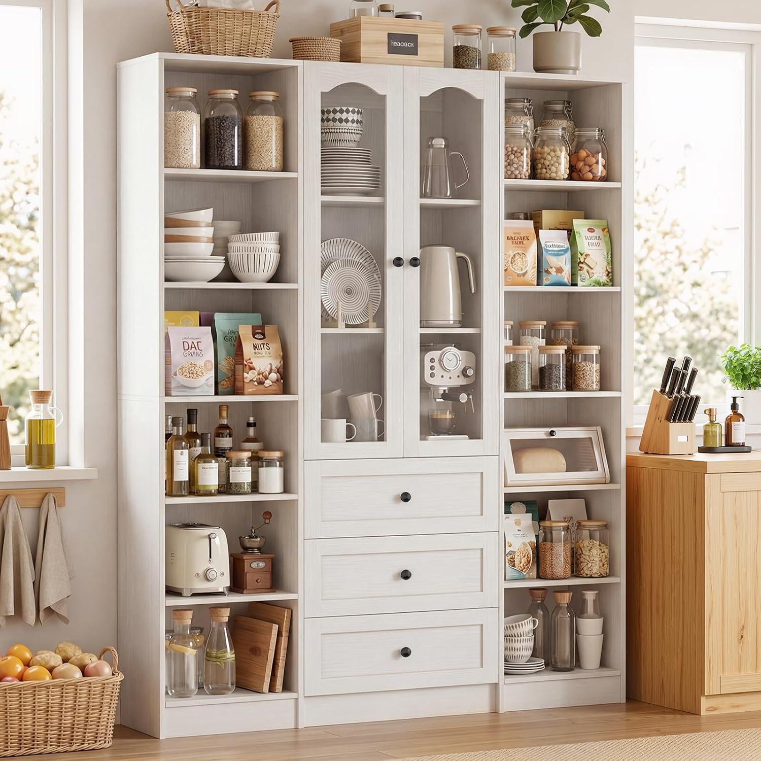 Cyclysio 3-Piece 80" Tall Pantry Cabinet Set, Large Kitchen Storage Cabinet with Arched Glass Doors and 3 Drawers, 6-Tier Open Shelving Unit with Baseboard Cutout for Flush-to-Wall Fit, White