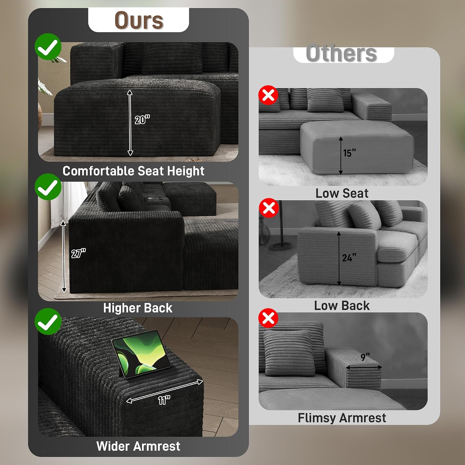 151" U Shaped Cloud Sectional Couch Modular Sofa, Comfy Oversized Boneless Couches for Living Room, Plush Corduroy Sectional Sofa Set with Ottoman Storage Console USB, Olive Dark Gray
