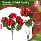 Artificial Flowers for Outdoors, 6 Bundles Realistic Faux Silk Red Geraniums Flowers UV Resistant No Fade Fake Plants for Outside Planter Christmas Front Porch Garden Patio Balcony Yard Decor