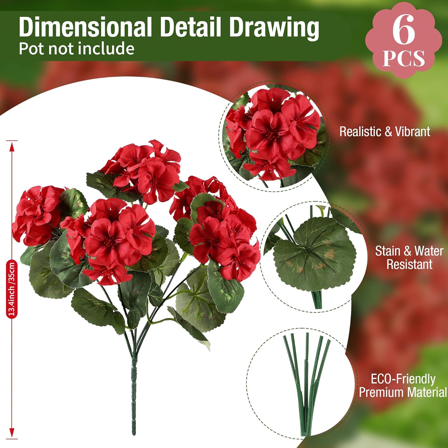 Artificial Flowers for Outdoors, 6 Bundles Realistic Faux Silk Red Geraniums Flowers UV Resistant No Fade Fake Plants for Outside Planter Christmas Front Porch Garden Patio Balcony Yard Decor