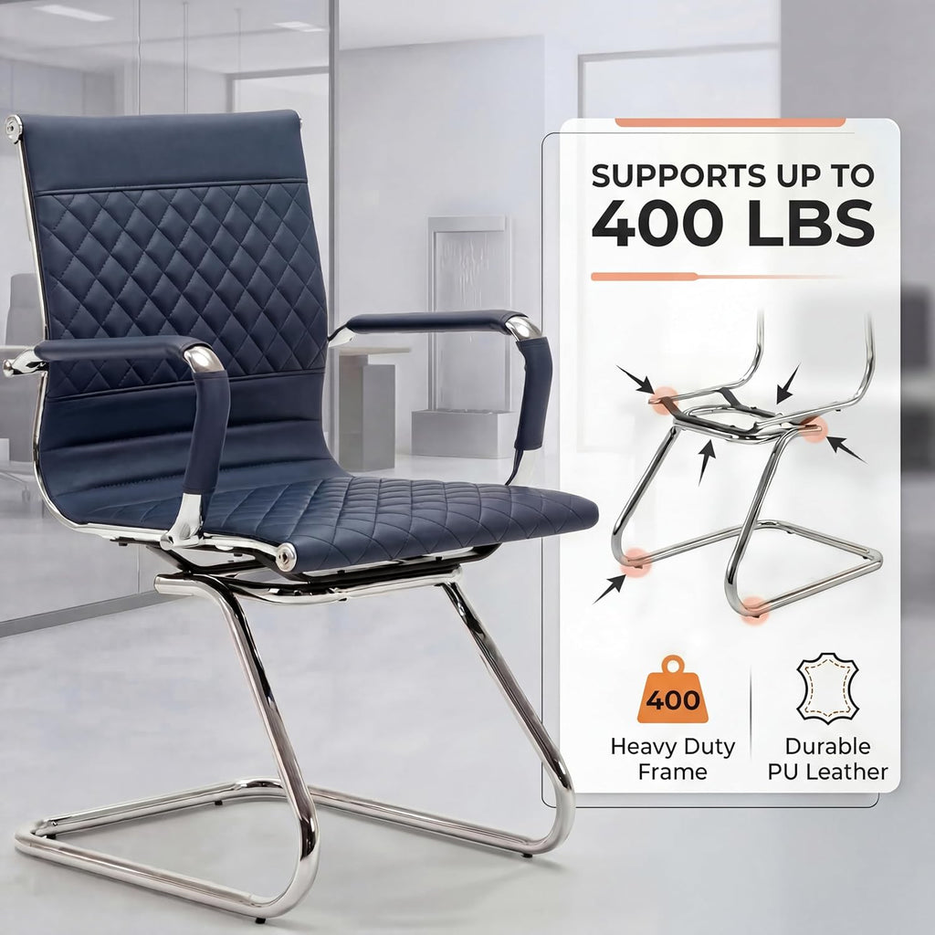 HNY Office Desk Chair No Wheels Set of 8 - PU Leather Waiting Room Chairs with Arms - Conference Room Chairs 400LB Capacity Sled Base, Reception Chair for Home Office, Lobby, School Navy Blue