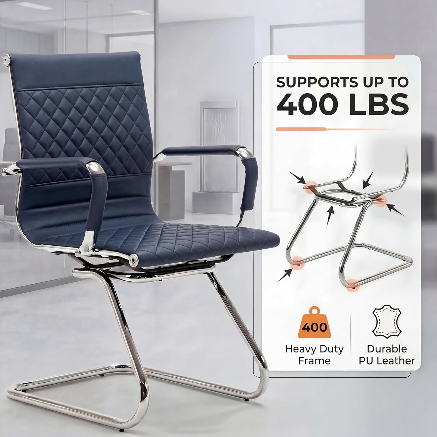 HNY Office Desk Chair No Wheels Set of 8 - PU Leather Waiting Room Chairs with Arms - Conference Room Chairs 400LB Capacity Sled Base, Reception Chair for Home Office, Lobby, School Navy Blue
