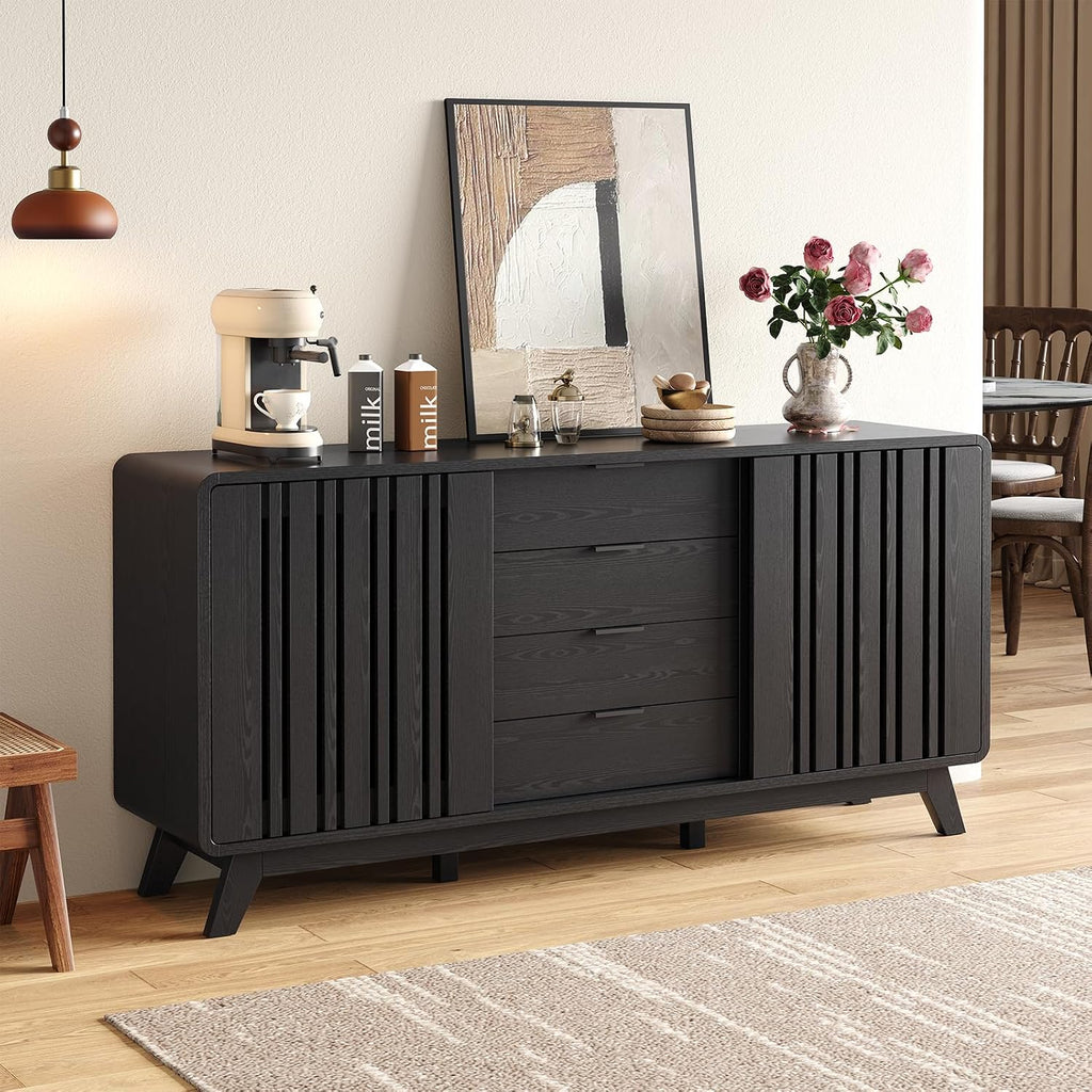 ONBRILL Sideboard Buffet Cabinet with Storage, Fluted Buffet Cabinet with Sliding Doors & 4 Drawers, Mid Century Modern Coffee Bar Wine Bar Credenza for Living Room, Kitchen (Black)