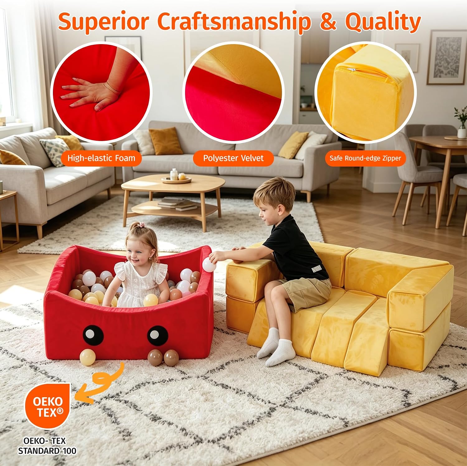 BABAMU Modular Kids Play Couch, Fries Box Design Child Sectional Sofa, Fort-Play Bedroom & Playroom Furniture for Toddlers, Convertible Foam, Washable Covers