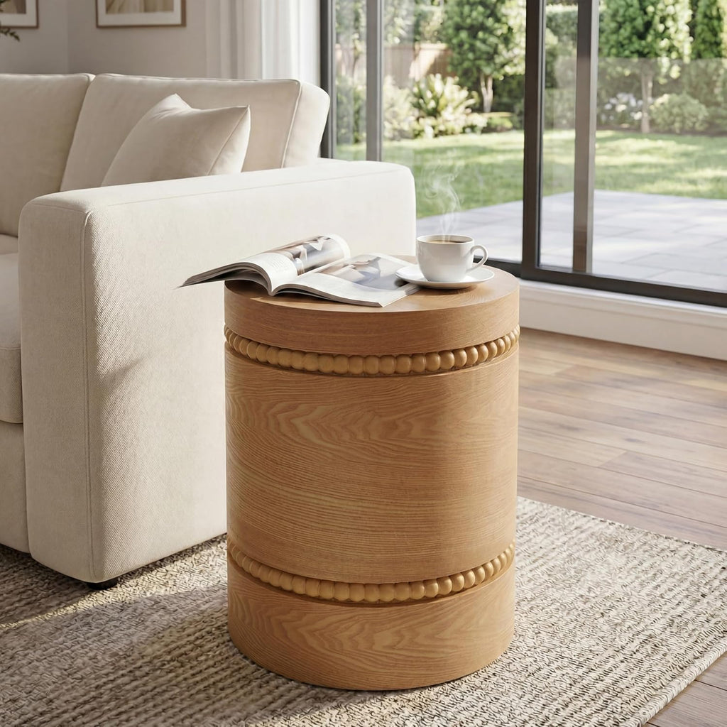 Christopher Knight Home Annie 20.28'' Wood Small Side Table, Bedside Table with Wooden Beads Accent, Round End Table for Living Room/Bedroom/Small Spaces, No Assembly Plant Stand Indoor, Natural