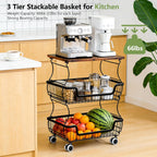 2 Pack Pantry Floor Organizeron with Wheels, 3 Tier Rolling Fruit Vegetable Basket for Kitchen Stackable Wire Basket Stand for Home Removable Metal Vegetable Rack Wire Snack Cart