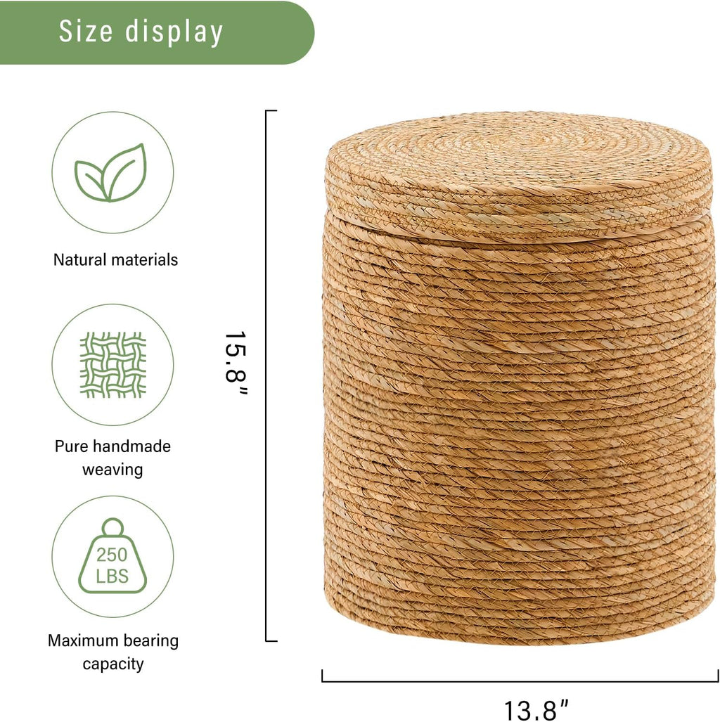 Wimarsbon Storage Pouf Ottoman, Hand Weaving Natural Straw Foot Stool, Bohemian Round Patio Ottomans, Rustic Lounge Pouffe, Outdoor Extra Seat for Garden (14inch Natural Cattail L)
