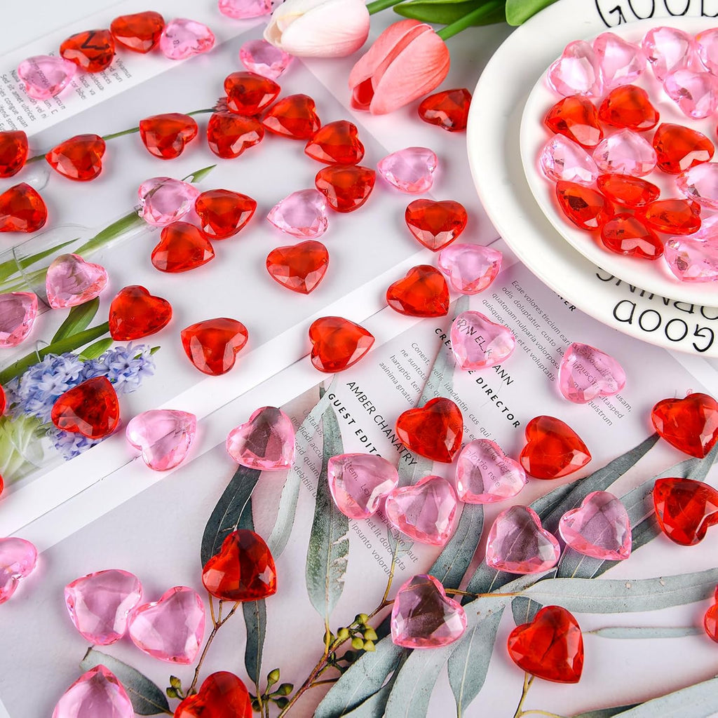 CHRORINE Red＆Pink Acrylic Heart Ornaments Translucent Hearts Shaped Gems Crystals for Table Scatter Decoration/Artwork/Vase Fillers in Valentine's Day/Home Decor/Wedding Party-70PCS