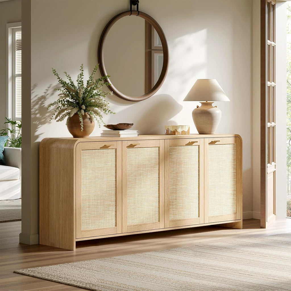Evermagin 67" Rattan Buffet Cabinet with Storage, Boho Sideboard Cabinet with 4 Doors, Large Credenza Sideboard Buffet for Living Room, Kitchen and Hallway, Natural Oak