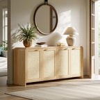 Evermagin 67" Rattan Buffet Cabinet with Storage, Boho Sideboard Cabinet with 4 Doors, Large Credenza Sideboard Buffet for Living Room, Kitchen and Hallway, Natural Oak