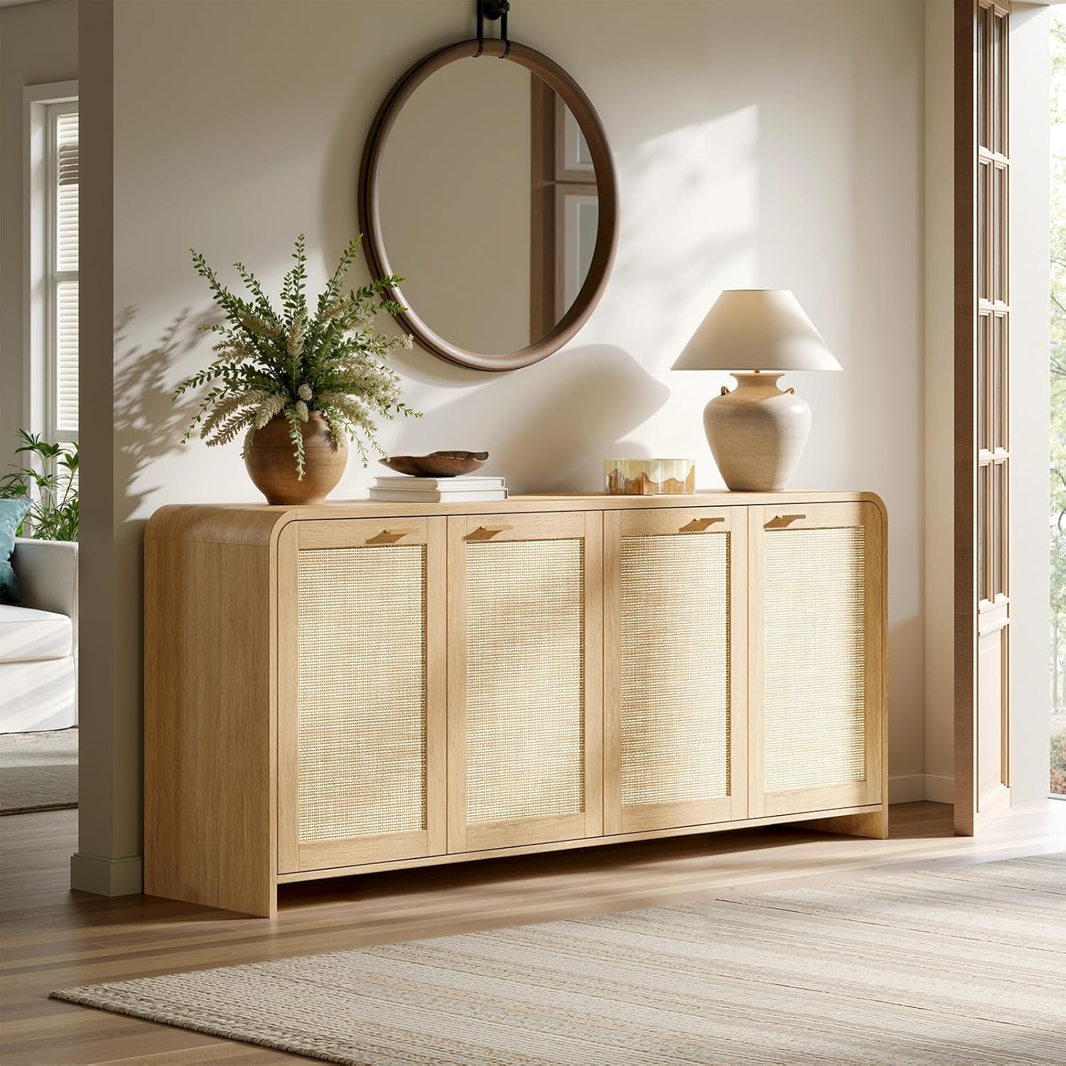 Evermagin 67" Rattan Buffet Cabinet with Storage, Boho Sideboard Cabinet with 4 Doors, Large Credenza Sideboard Buffet for Living Room, Kitchen and Hallway, Natural Oak