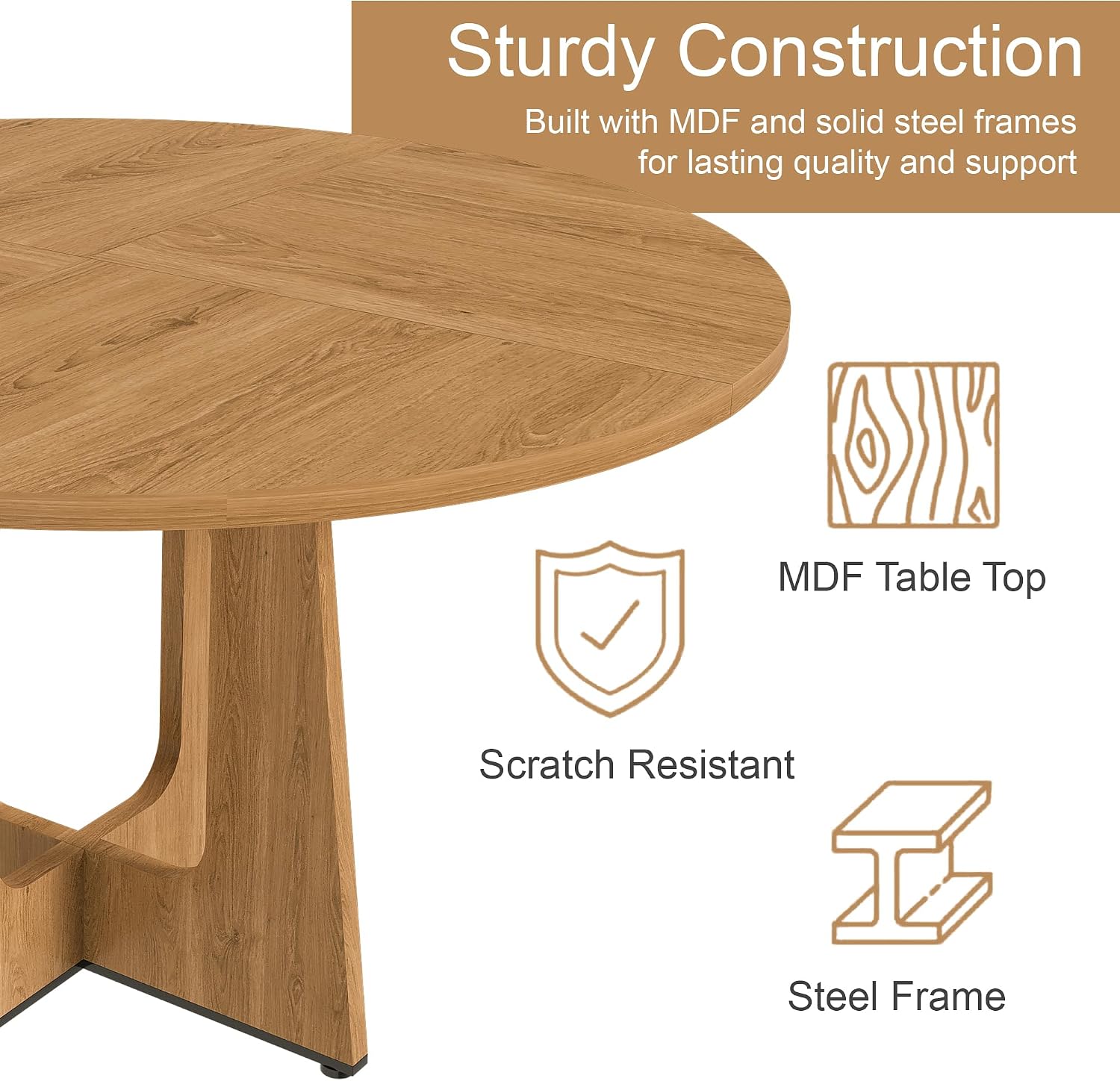 Modern 5-Piece Dining Table Set with 4 Chairs,Oak Round MDF Dining Table, Beige Fabric Upholstered Chairs with Natural Wood Legs for Kitchen Dining Room Home