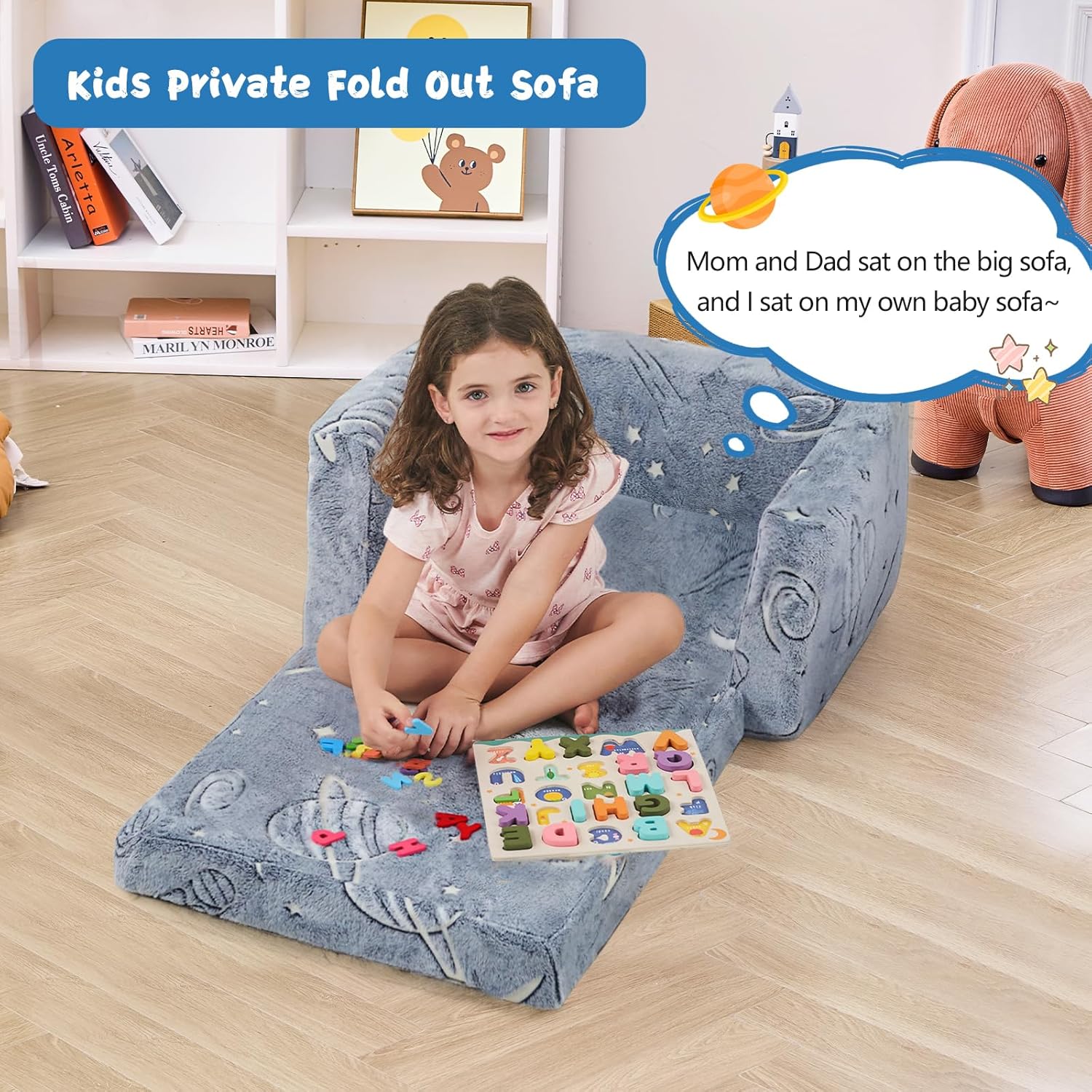 inhand Toddler Chair Comfy,2-in-1 Soft Toddler Couch Fold Out for Kids,Convertible Sofa to Lounger,Gift for Girls and Boys Birthday,Space,Medium