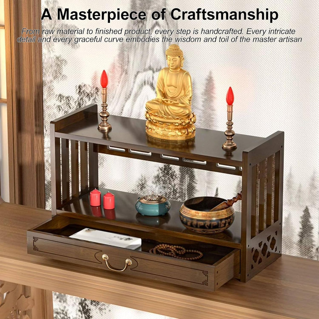 Meditation Table Altar, Small Puja, Altar Table with Storage & Drawers Prayer Shrine Desk, Pooja Mandir for Bedroom, Living Room, Church(Yellow,42 * 16.5cm/16.5 * 6.5in)
