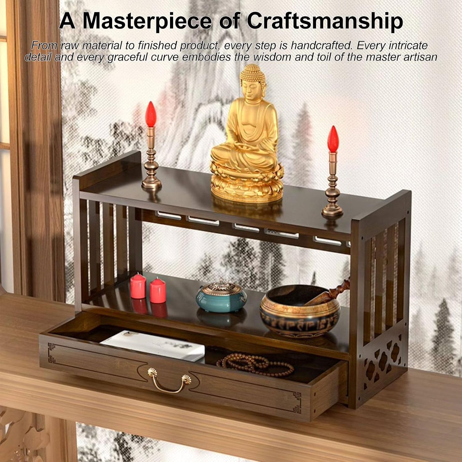 Meditation Table Altar, Small Puja, Altar Table with Storage & Drawers Prayer Shrine Desk, Pooja Mandir for Bedroom, Living Room, Church(Yellow,42 * 16.5cm/16.5 * 6.5in)