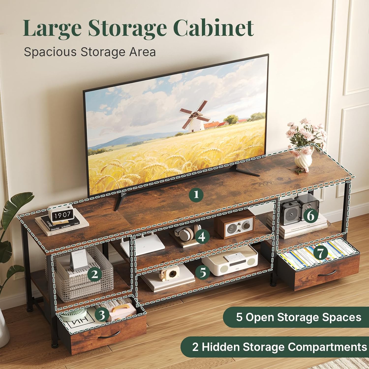 TV Stand for Living Room, Entertainment Center for TVs Up to 75 Inch, Industrial Media Console Table with Charging Station and Storage Drawers for Bedroom, Open Shelves, Rustic Brown