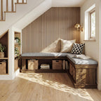 Tribesigns L-Shaped Storage Bench with Cushion, 63" Farmhouse Wooden Corner Entryway Shoe Bench with Open Shelves, L-Shaped Kitchen Nook Seating for Living Room, Hallway, Rustic Brown & Beige