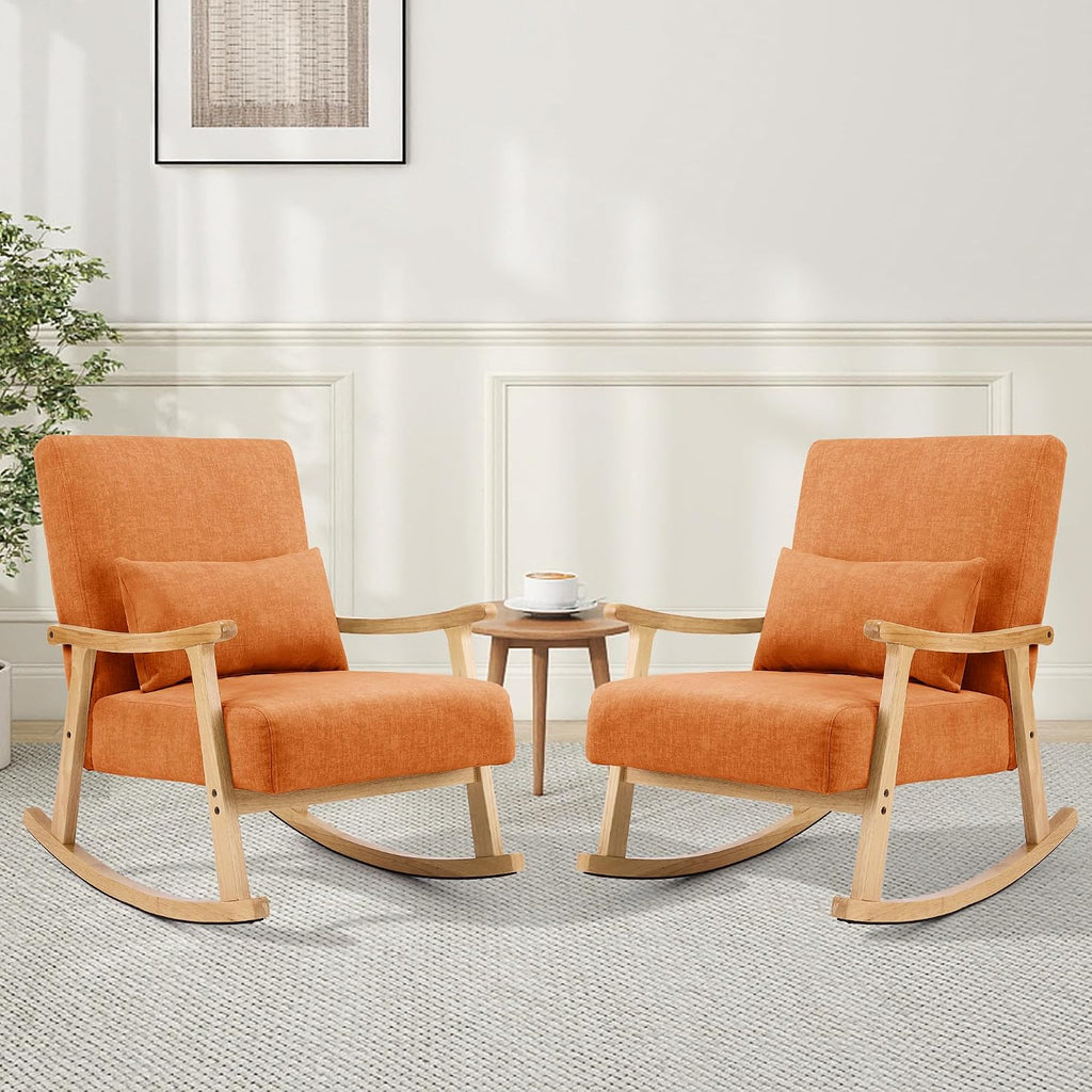 SAETSFEG Rocking Chair for Nursery with Lumbar Pillow, Upholstered Accent Chair with Solid Rubberwood Frame, Living Room & Bedroom, Cozy Reading Chair for Small Spaces, Orange