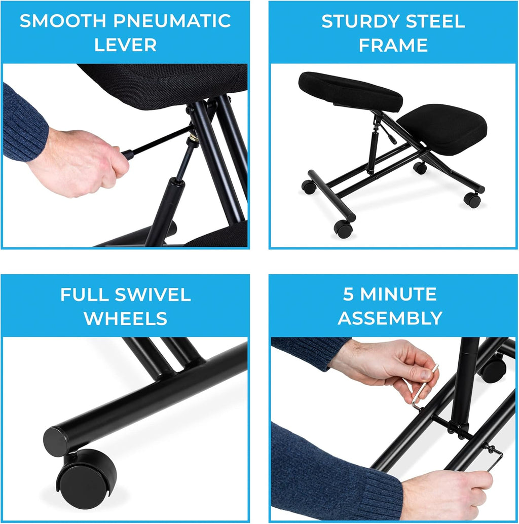 ProErgo Pneumatic Ergonomic Kneeling Chair | Fully Adjustable Mobile Office Seating | Improve Posture to Relieve Neck & Back Pain | Easy Assembly | Use in Home, Office & Classroom