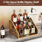 Nuovoware LED Lighted Liquor Bottle Display Shelf, 3 Step Wood Countertop Liquor Rack with Fences & Portable Handles, 12-Bottle Whiskey Rack Liquor Display Retro Wine Rack for Home Bar Party, Brown