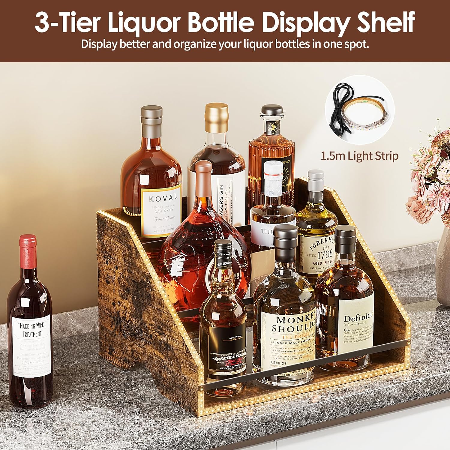 Nuovoware LED Lighted Liquor Bottle Display Shelf, 3 Step Wood Countertop Liquor Rack with Fences & Portable Handles, 12-Bottle Whiskey Rack Liquor Display Retro Wine Rack for Home Bar Party, Brown