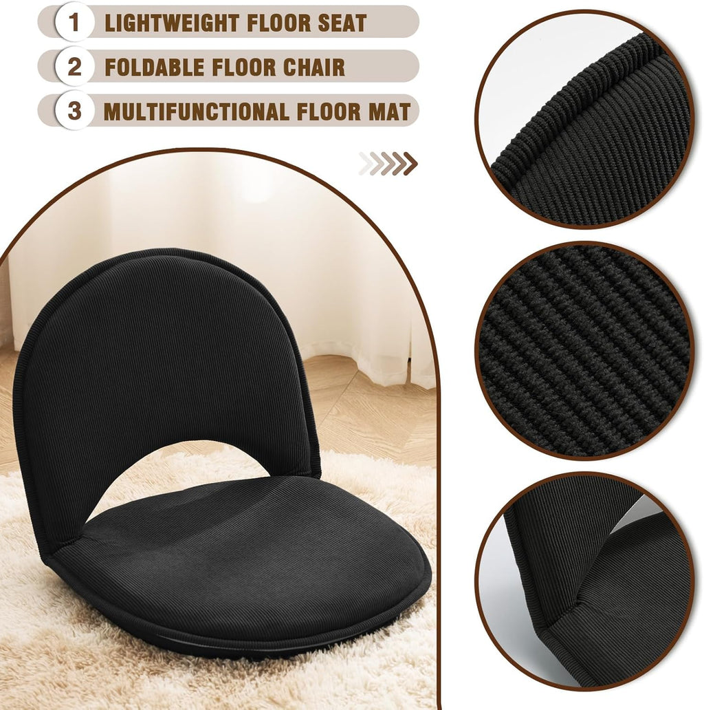 YOUKEEEJOJO Floor Chair 5-Position Adjustable Back Support Chair Foldable Camping,Video-Gaming Reading Watching, Upholstered Meditation Convenient Seat(2,Black)