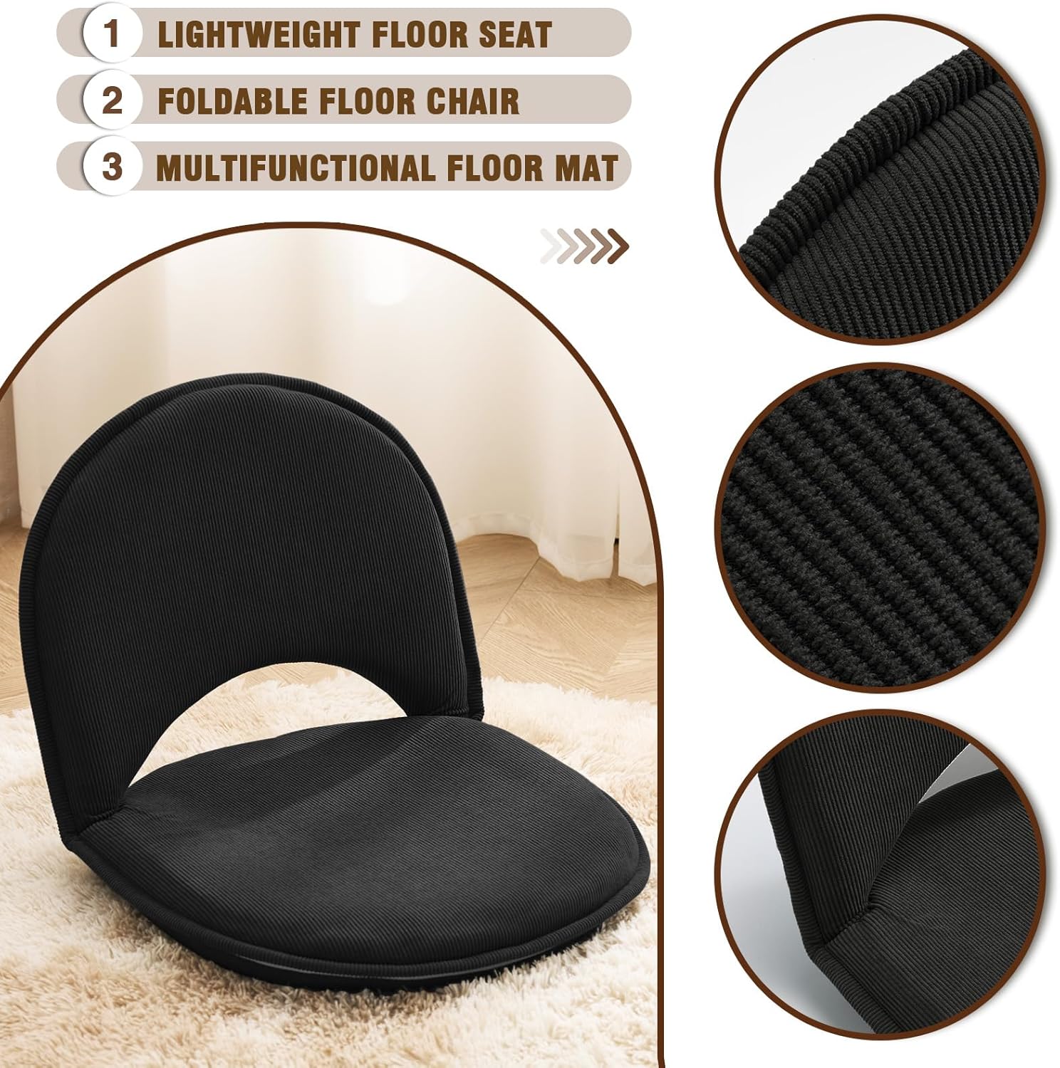 YOUKEEEJOJO Floor Chair 5-Position Adjustable Back Support Chair Foldable Camping,Video-Gaming Reading Watching, Upholstered Meditation Convenient Seat(2,Black)