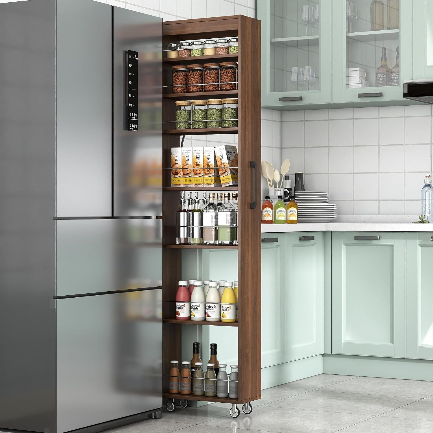KEIKI 7 Tier Pull-Out Kitchen Pantry Storage Cabinet, Multi-Tier Single-Sided Open Shelf, Spice Rack Next to Fridge, Wood Hutch Food Pantries Cupboard for Coffee Bar, Dining Room, Narrow Spaces