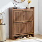 Fluted Shoe Storage Cabinet with 2 Flip Door for Entryway, Modern Freestanding Narrow Wood Shoe Rack Cabinet for Foyer, Front Door, Hallway
