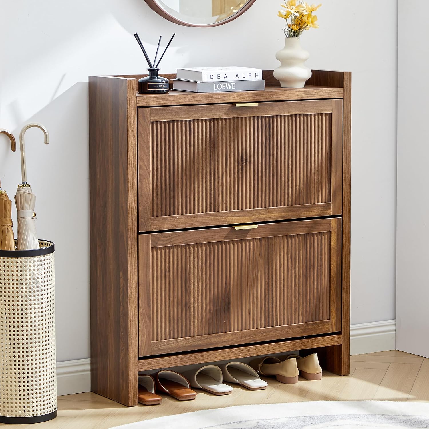 Fluted Shoe Storage Cabinet with 2 Flip Door for Entryway, Modern Freestanding Narrow Wood Shoe Rack Cabinet for Foyer, Front Door, Hallway