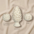White Ceramic Artichoke Decorative Set, 3-Piece, Statue Ornament, Candle Holder, Vase for Home Decor