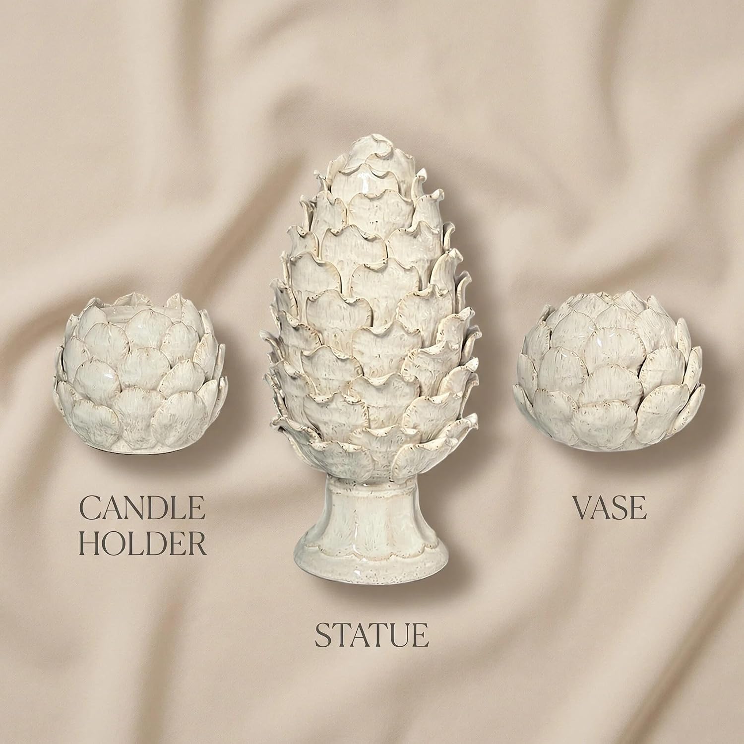 White Ceramic Artichoke Decorative Set, 3-Piece, Statue Ornament, Candle Holder, Vase for Home Decor