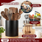 SiliFine 11 Pcs Wooden Kitchen Utensils Set with 360° Rotating Holder Acacia Wood Cooking Utensils with Cooking Spoons Spatulas for Nonstick Cookware Countertop(Straight Wood Holder,Black)