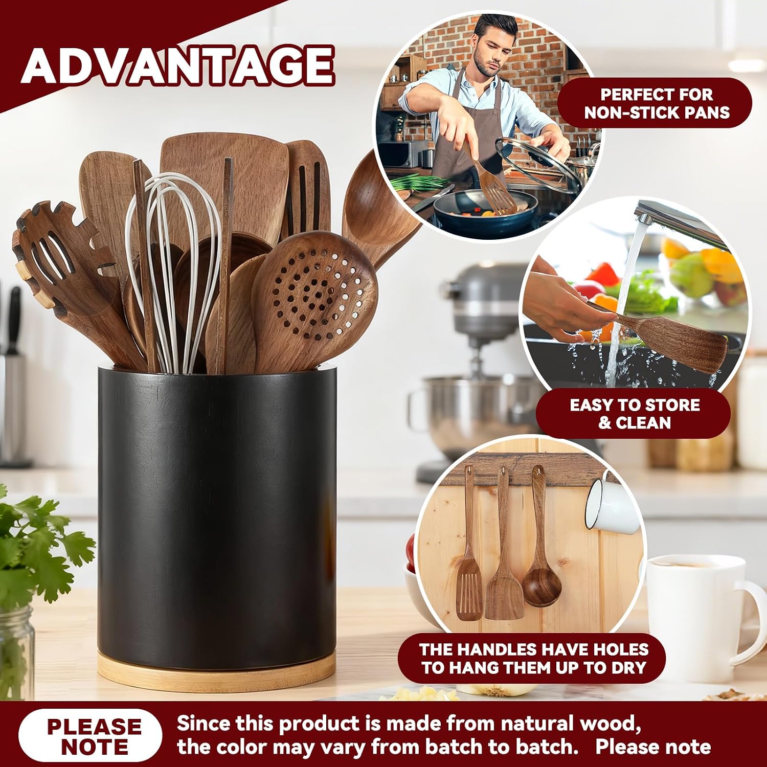 SiliFine 11 Pcs Wooden Kitchen Utensils Set with 360° Rotating Holder Acacia Wood Cooking Utensils with Cooking Spoons Spatulas for Nonstick Cookware Countertop(Straight Wood Holder,Black)