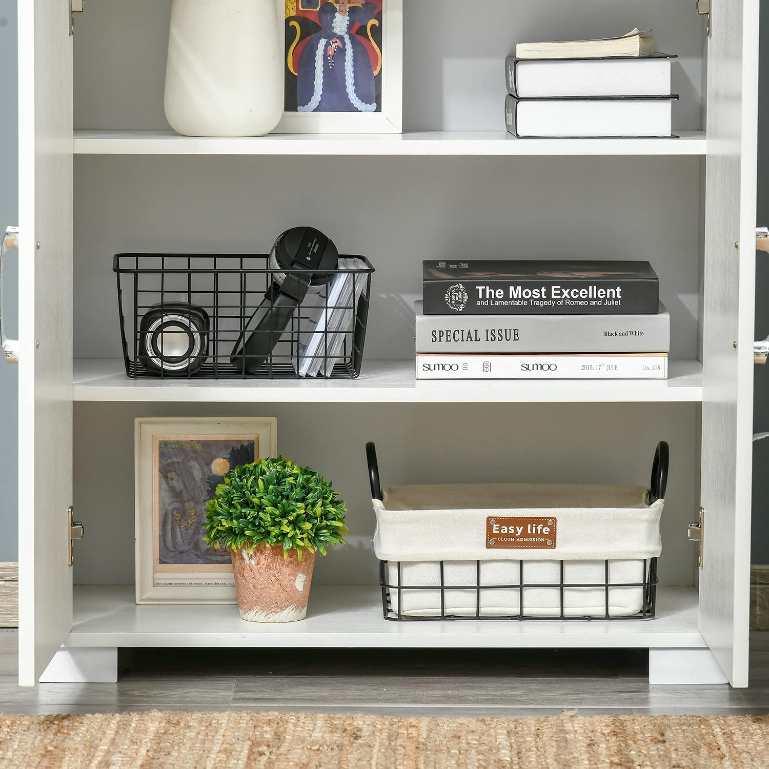 29.5" D*13.75" W*63" H Freestanding Kitchen Pantry with 4 Shelves, 2 Double Doors, Rectangular Wood Storage Cabinet, Modern Minimalist, Easy Assembly, for Living Room, Dining Room, White